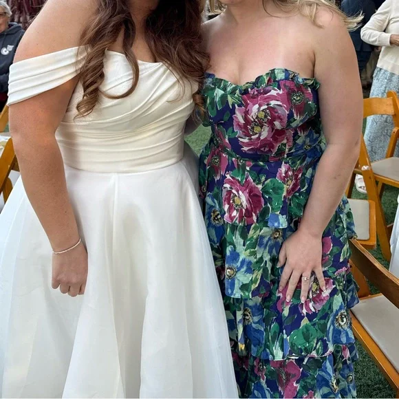 Lulus Nayha Blue Multi Floral Strapless Tiered Midi Dress - Size M - Picture 3 of 3